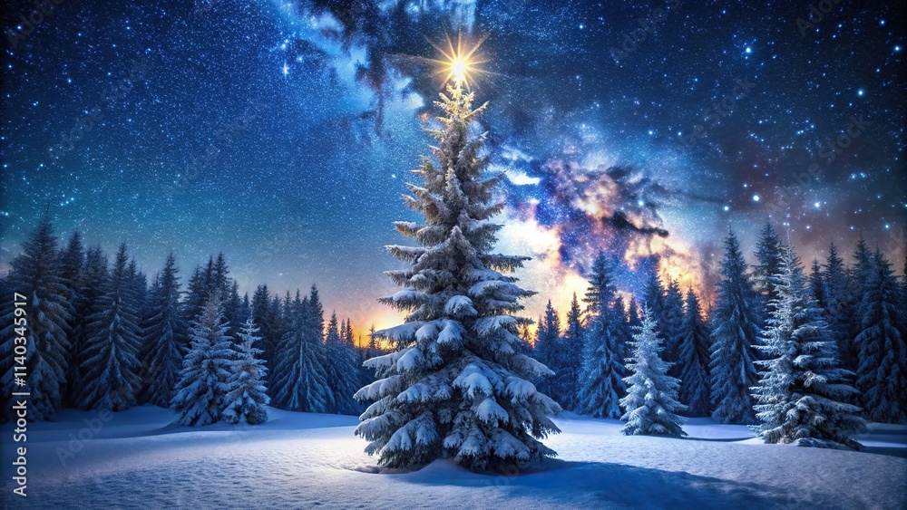 Snow covered spruce tree in winter forest under the starry night sky Snow covered spruce tree in winter forest under the starry night sky