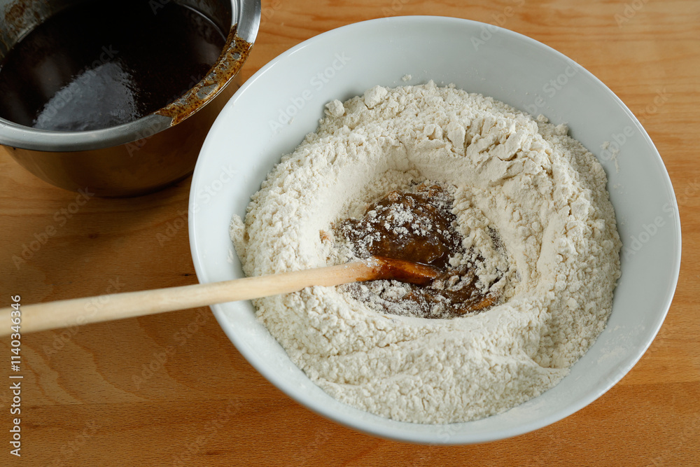 Making gingerbread. A bowl of flour and dry ingredients is being mixed with a buttery, spiced liquid from a saucepan. A wooden spoon rests in the bowl for stirring. Making gingerbread. A bowl of flour and dry ingredients is being mixed with a buttery, spiced liquid from a saucepan. A wooden spoon rests in the bowl for stirring.
