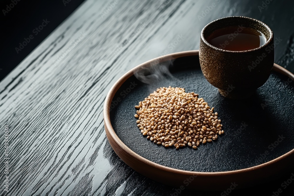 Roasted barley served with hot Japanese mugicha on a dark wooden table Roasted barley served with hot Japanese mugicha on a dark wooden table