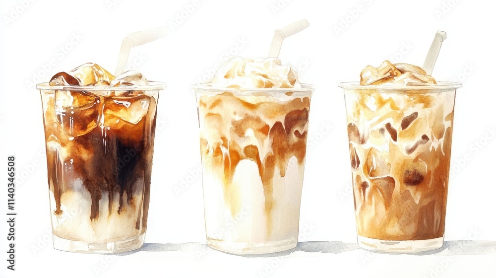 Watercolor of ice coffee in glass,americano coffee,iced cold brew coffee in plastic takeout cup,Ice latte,Drink element,menu Hot and cold coffee beverage,promotion, marketing, banner. Watercolor of ice coffee in glass,americano coffee,iced cold brew coffee in plastic takeout cup,Ice latte,Drink element,menu Hot and cold coffee beverage,promotion, marketing, banner.