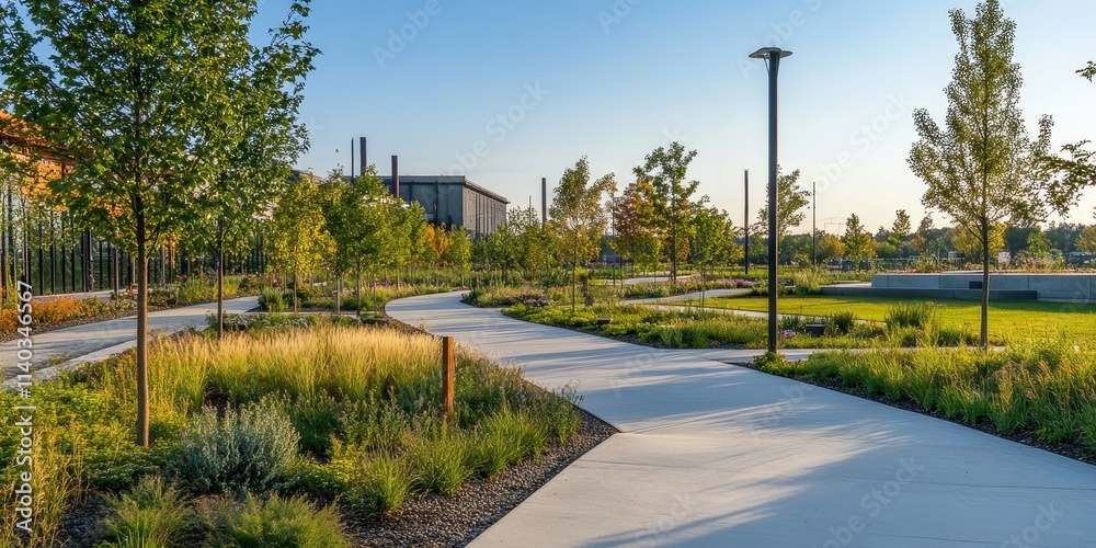 Revitalized landscaped ex industrial park showcasing green spaces and recreation areas, offering a serene environment in a former industrial zone now transformed into a beautiful landscaped park.