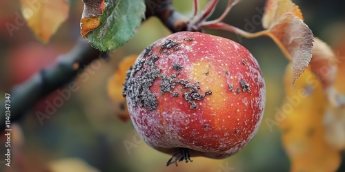 Apple scab is a prevalent plant disease affecting members of the rose family, caused by the ascomycete fungus Venturia inaequalis, commonly observed in orchards. Macro details highlight apple scab s photo