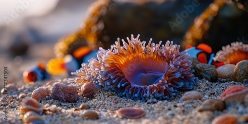 Close up image of sea anemones, often referred to as sea flowers, nestled in a clown fish s habitat on a sandy beach at low tide. This sea anemone showcases intricate details in selective focus. photo