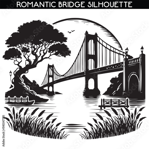 Romantic bridge black and white vector silhouette design