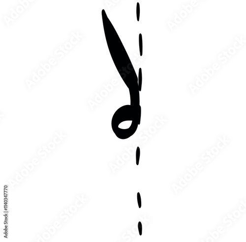 The image shows a black silhouette of a pair of scissors cutting along a vertical dashed line. The scissors are positioned to the left of the dashed line, indicating where the cut should be made.
