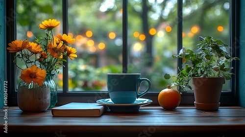 Cozy Window Setup With Coffee, Flowers, Book, and Natural Elements photo