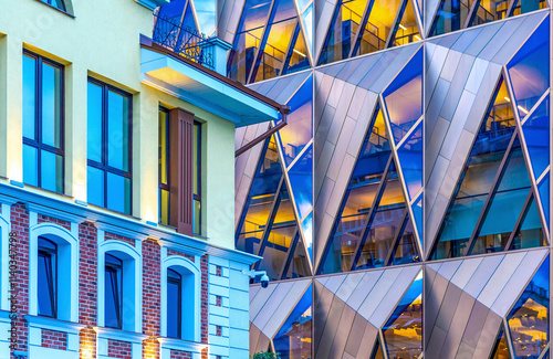 Facade of a modern business financial center in Yekaterinburg. Traveling around the capital of the Urals. Architecture details glass wall building exterior Abstract futuristic background.