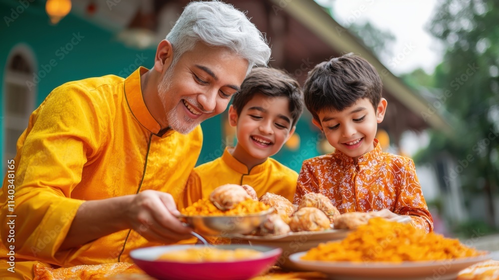 The value of a family generation. Family enjoying traditional food together, wearing vibrant orange outfits. The value of a family generation. Family enjoying traditional food together, wearing vibrant orange outfits.