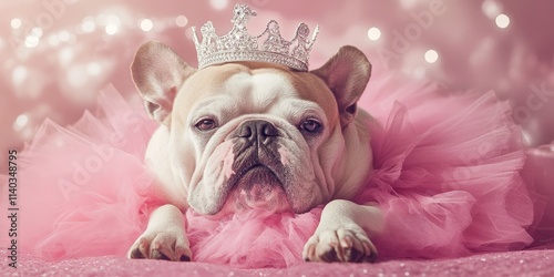 A cute bulldog in a pink tutu and a princess tiara exudes charm, enhanced by a retro vintage Instagram filter effect, perfect for showcasing the adorable bulldog s playful style. photo