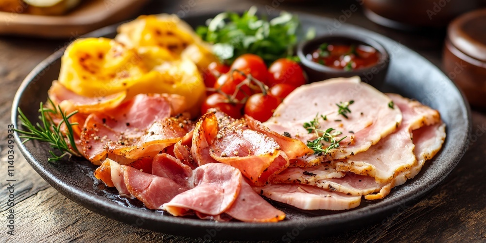 Delicious breakfast featuring a variety of ham served on a plate, perfect for a hearty meal. Enjoy the flavorful ham as part of this satisfying breakfast spread. Delicious breakfast featuring a variety of ham served on a plate, perfect for a hearty meal. Enjoy the flavorful ham as part of this satisfying breakfast spread.