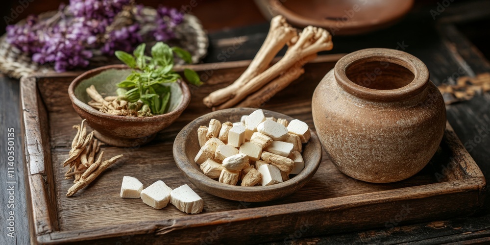 A wooden tray features Angelica root alongside a bowl of herbal medicine, an earthen pot, and cubed Poria cocos. This composition showcases medicine for preventing oxidative stress and hormone A wooden tray features Angelica root alongside a bowl of herbal medicine, an earthen pot, and cubed Poria cocos. This composition showcases medicine for preventing oxidative stress and hormone