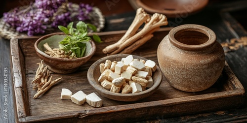 Wallpaper Mural A wooden tray features Angelica root alongside a bowl of herbal medicine, an earthen pot, and cubed Poria cocos. This composition showcases medicine for preventing oxidative stress and hormone Torontodigital.ca