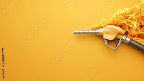 Oil comes out of the fuel dispenser concept. Fuel nozzle with flames on bright yellow background, symbolizing energy photo