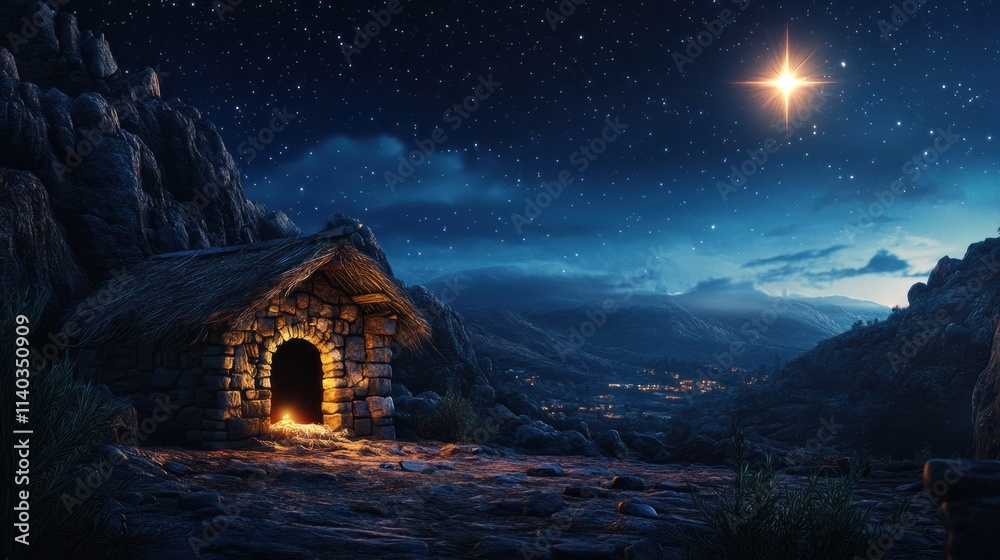 A serene night with the Star of Bethlehem glowing above, shining directly on the humble manger of Jesus Christ A serene night with the Star of Bethlehem glowing above, shining directly on the humble manger of Jesus Christ