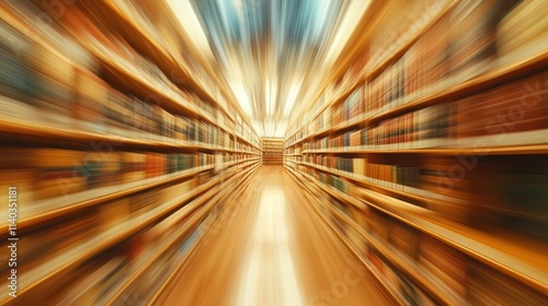 Blurred motion shot of library bookshelves. Illustrates concepts of knowledge  learning  and research.