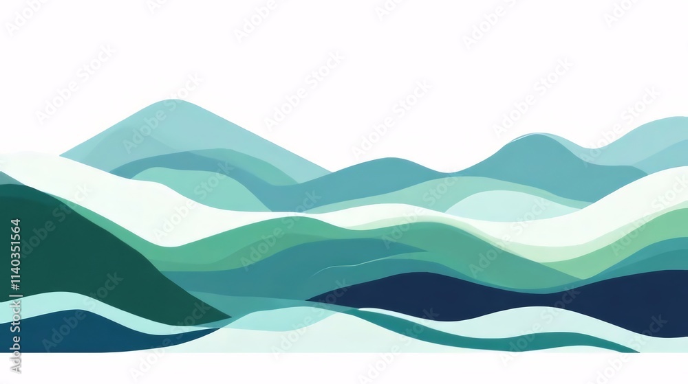 Abstract landscape illustration with stylized mountains and valleys in shades of blue and green. Abstract landscape illustration with stylized mountains and valleys in shades of blue and green.