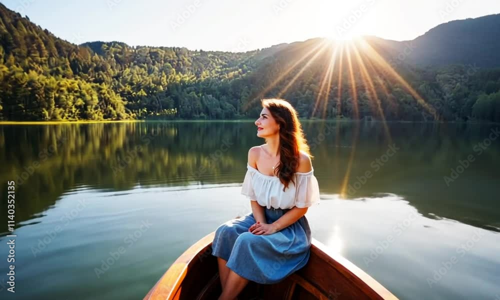 a beautiful woman sitting on a boat with beautiful sunlight a beautiful woman sitting on a boat with beautiful sunlight