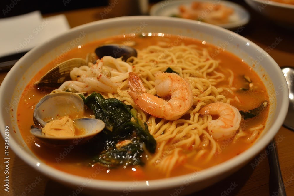 Seafood Jjampong is a spicy Korean noodle soup featuring various seafood and gochugaru accompanied by kimchi Seafood Jjampong is a spicy Korean noodle soup featuring various seafood and gochugaru accompanied by kimchi