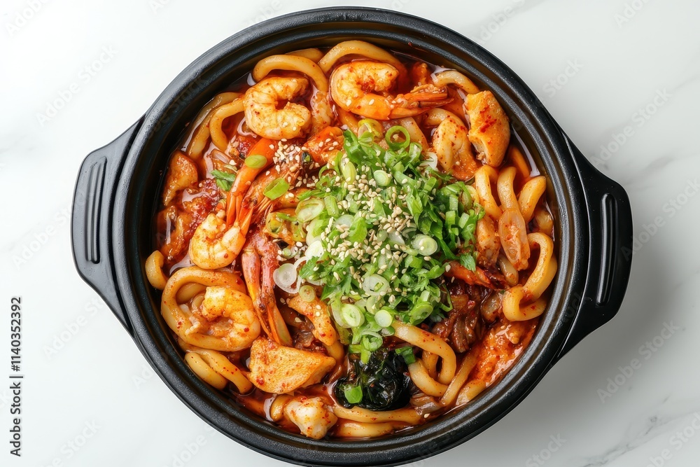 Seafood Udon or Jjampong a Korean dish with Chinese elements Overhead view with empty space for text Seafood Udon or Jjampong a Korean dish with Chinese elements Overhead view with empty space for text