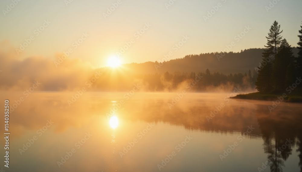 Golden dawn breaks over tranquil waters, painting the sky and mist in warm hues of orange and gold Golden dawn breaks over tranquil waters, painting the sky and mist in warm hues of orange and gold