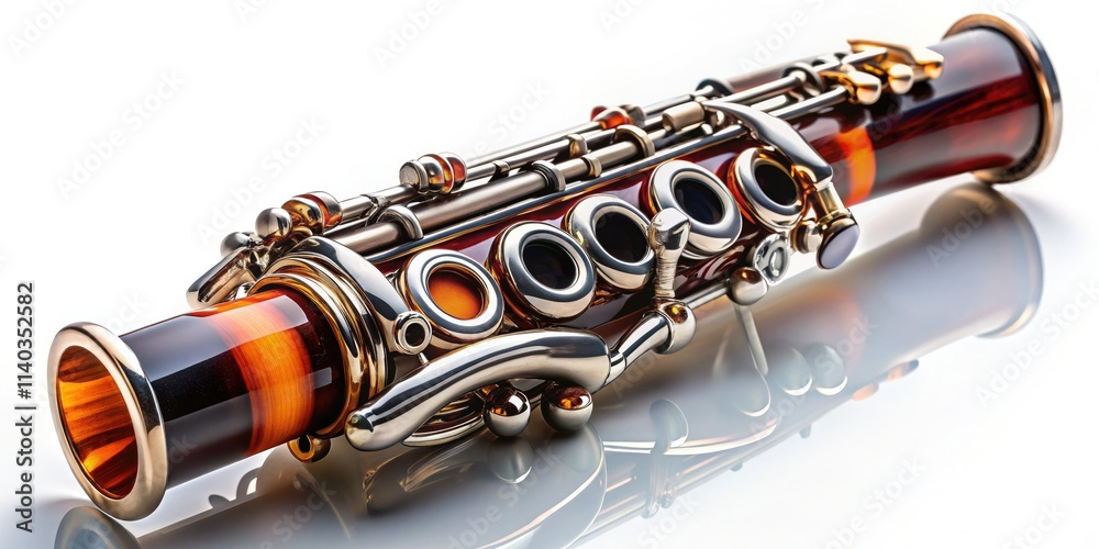 Obraz premium Boehm system clarinet elegantly captured in low light against a stark white.
