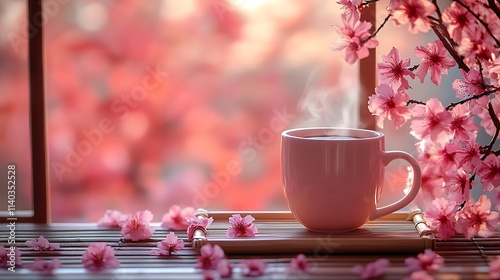 Steaming Mug of Coffee with Blooming Cherry Blossoms in Soft Natural Light photo