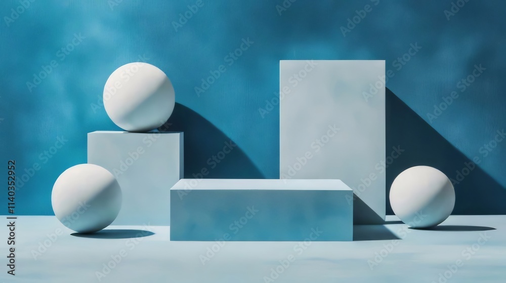 Blue background with white spheres and geometric shapes. Blue background with white spheres and geometric shapes.