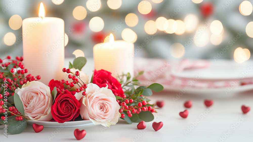 A festive Valentine's Day table centerpiece with candles and flowers. A festive Valentine's Day table centerpiece with candles and flowers.