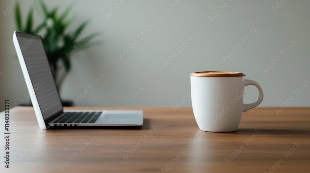 Minimalist Desk Setup with Laptop,Coffee Mug,and Planner - Representing Productivity and