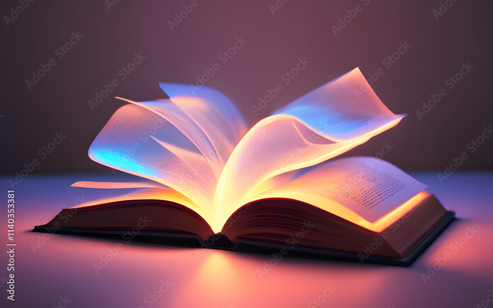 A glowing abstract book, with pages turning in the air, glowing softly with neon highlights A glowing abstract book, with pages turning in the air, glowing softly with neon highlights