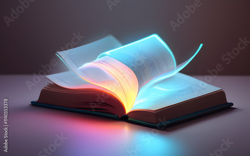 A glowing abstract book, with pages turning in the air, glowing softly with neon highlights photo