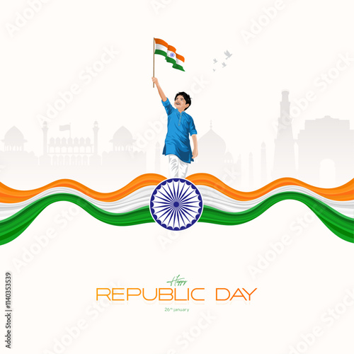 Happy Republic Day with Boy and Indian Flag. Republic Day Poster, 26 January.