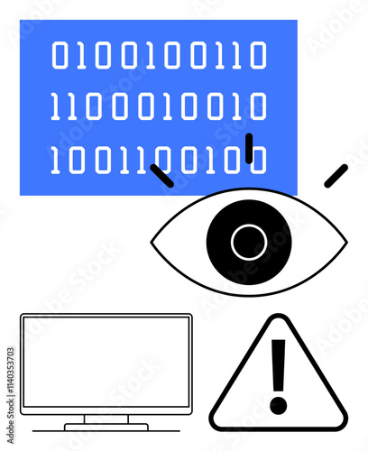 Binary code in blue panel above an observant eye, a monitor, and a warning sign. Ideal for cybersecurity, data privacy, digital surveillance, software development, technological threats, coding