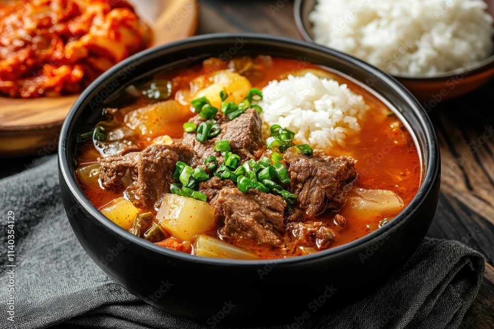 Seolleongtang a soothing Korean beef bone soup is served with kimchi and steamed rice Seolleongtang a soothing Korean beef bone soup is served with kimchi and steamed rice