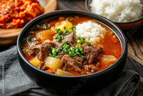 Seolleongtang a soothing Korean beef bone soup is served with kimchi and steamed rice