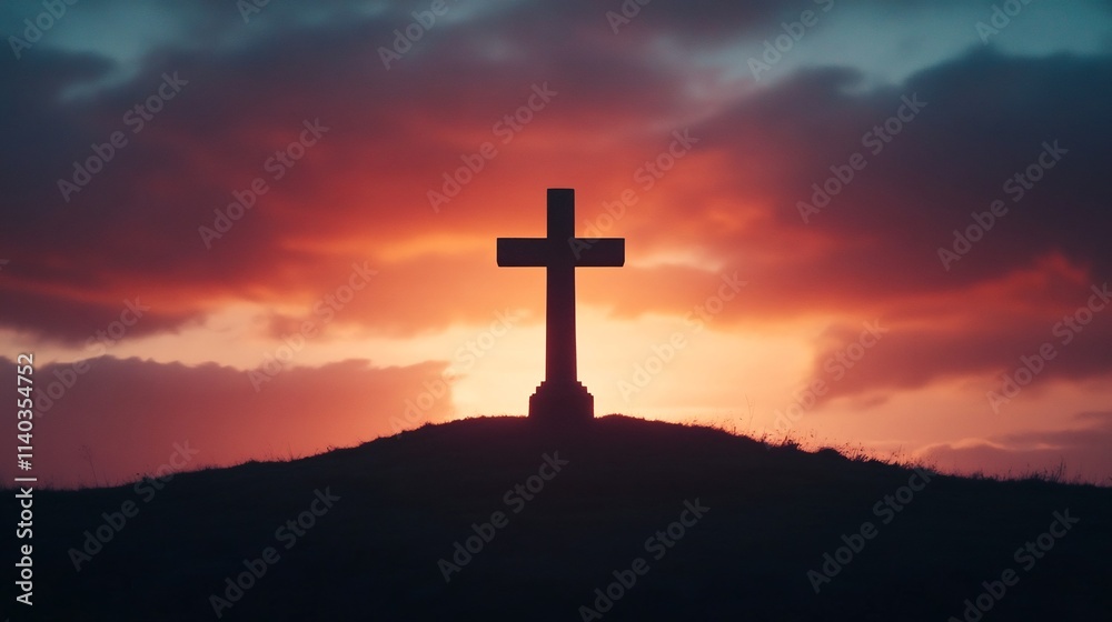 Silhouetted Cross Against Dramatic Sunset Sky,Symbol of Hope and Spirituality Silhouetted Cross Against Dramatic Sunset Sky,Symbol of Hope and Spirituality