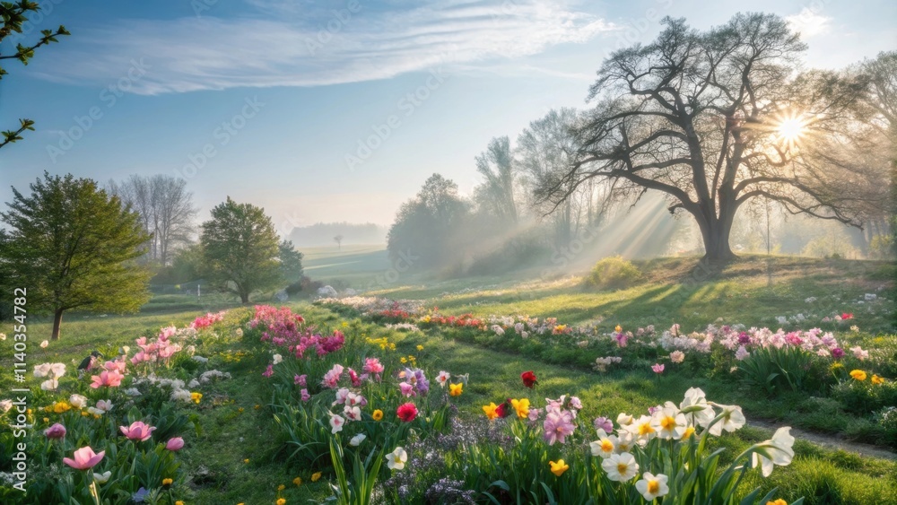 Beautiful blooming flower field with colorful tulips and daffodils at sunrise with sun shining through tree and light rays illuminating misty meadow Beautiful blooming flower field with colorful tulips and daffodils at sunrise with sun shining through tree and light rays illuminating misty meadow