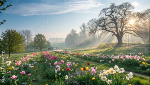 Wallpaper Mural Beautiful blooming flower field with colorful tulips and daffodils at sunrise with sun shining through tree and light rays illuminating misty meadow Torontodigital.ca