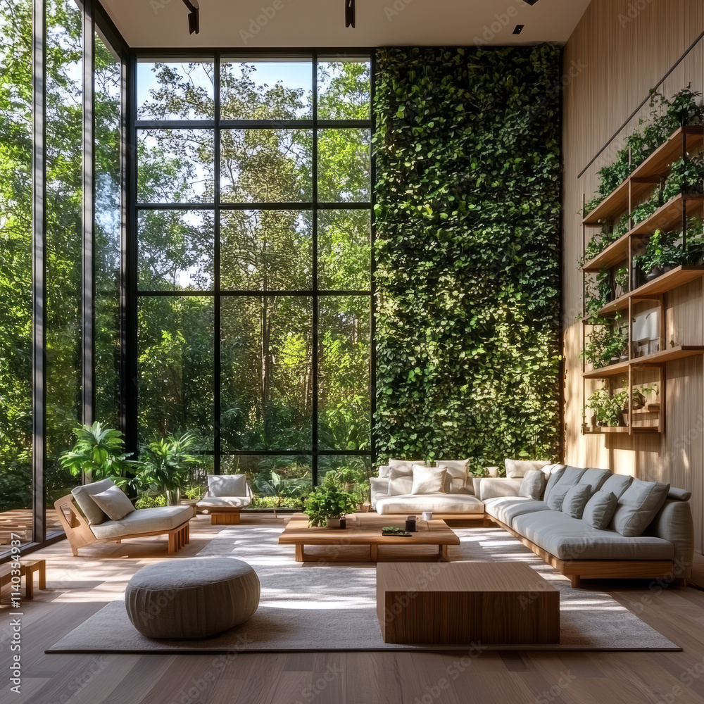 Fototapeta premium A serene living area showcases expansive windows that invite nature inside, complemented by lush greenery and warm wood accents creating a peaceful atmosphere