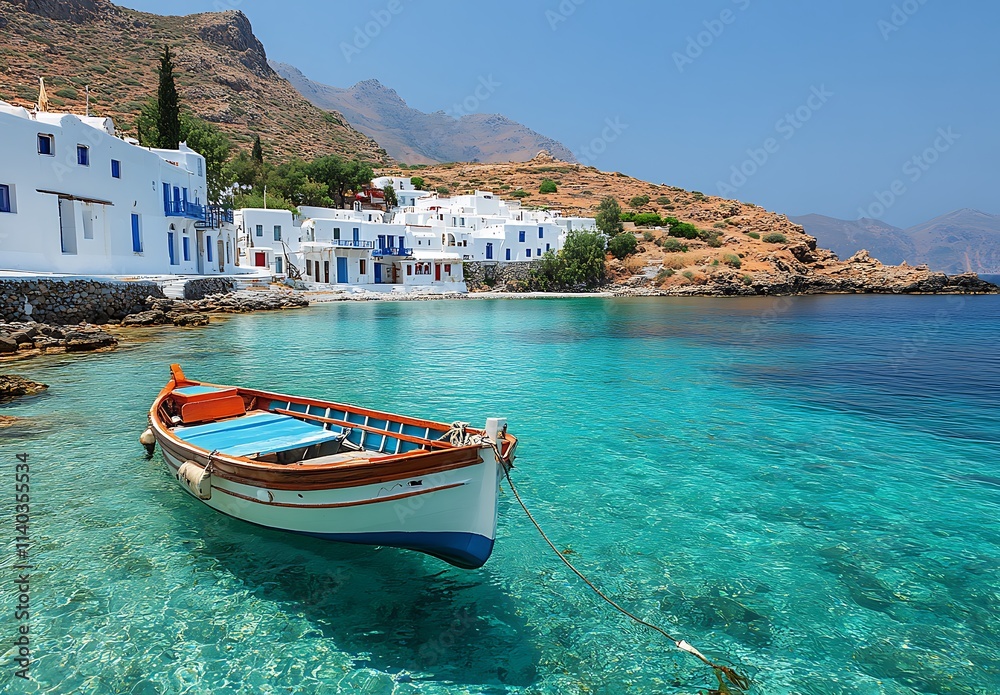 Obraz premium Tranquil Greek Island Village Seascape With Boat