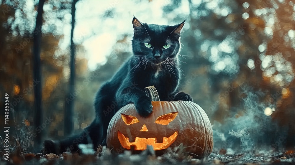 Naklejka premium enchanting black cat with glowing green eyes on a pumpkin: perfect poster for halloween home decor or spooky sporting events!