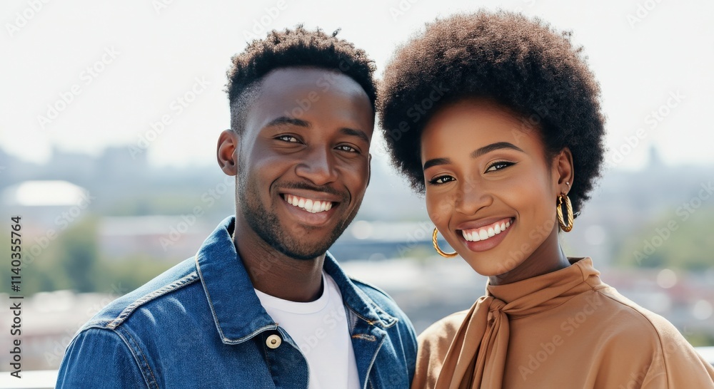 Joyful african descent couple smiling outdoors in urban setting Joyful african descent couple smiling outdoors in urban setting