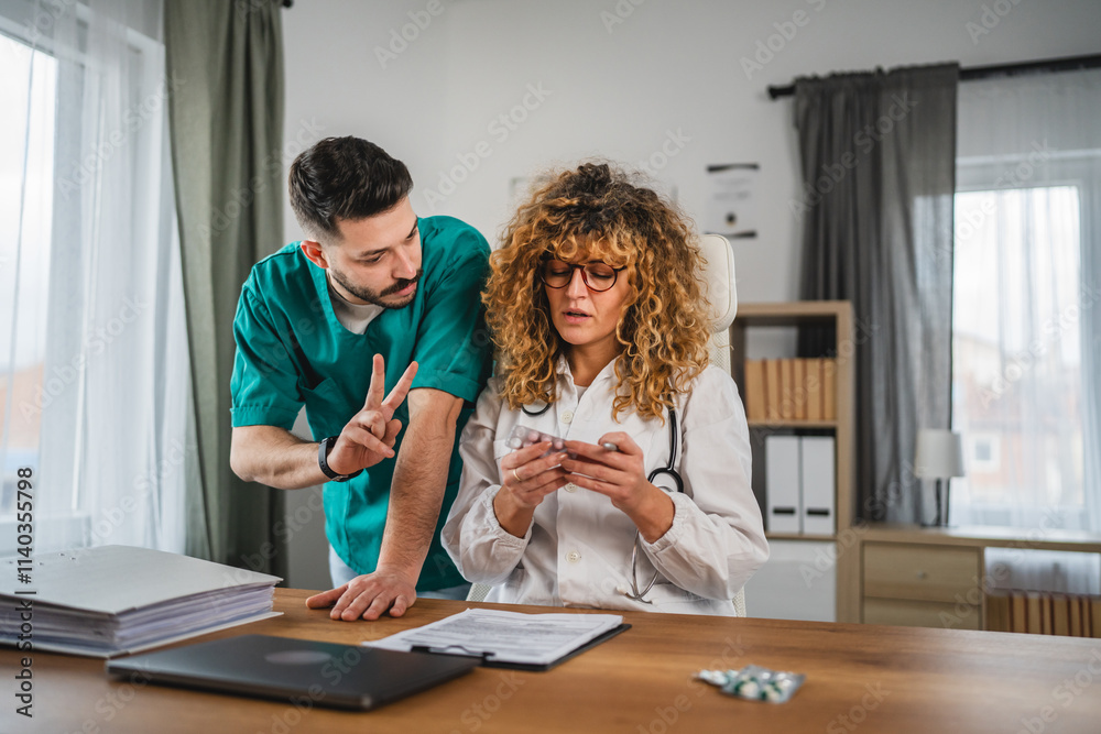 woman and man doctors colleagues work together in modern medical office woman and man doctors colleagues work together in modern medical office