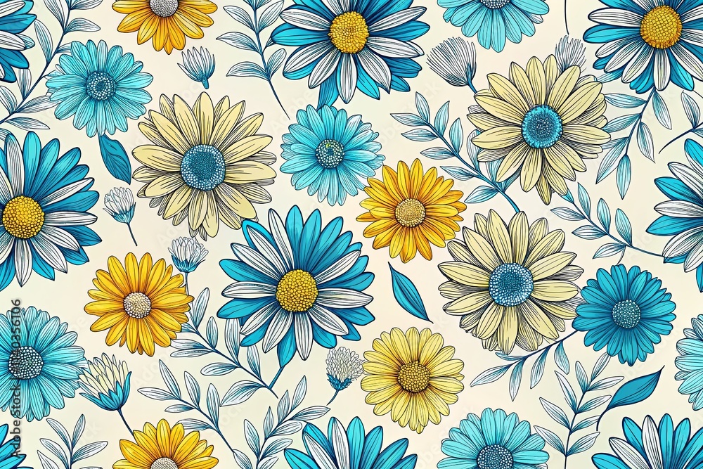 Ditsy Floral Print: Blue Yellow Daisy Seamless Pattern for Fashion & Fabric Ditsy Floral Print: Blue Yellow Daisy Seamless Pattern for Fashion & Fabric