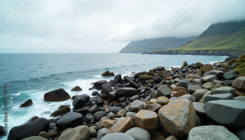 Waves kiss the rocky shores under a blanket of clouds in a tranquil coastal landscape photo