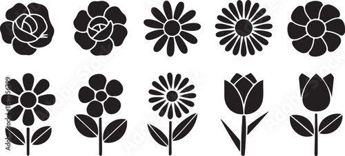 Set of Black and White Silhouettes of Various Flowers vector illustration