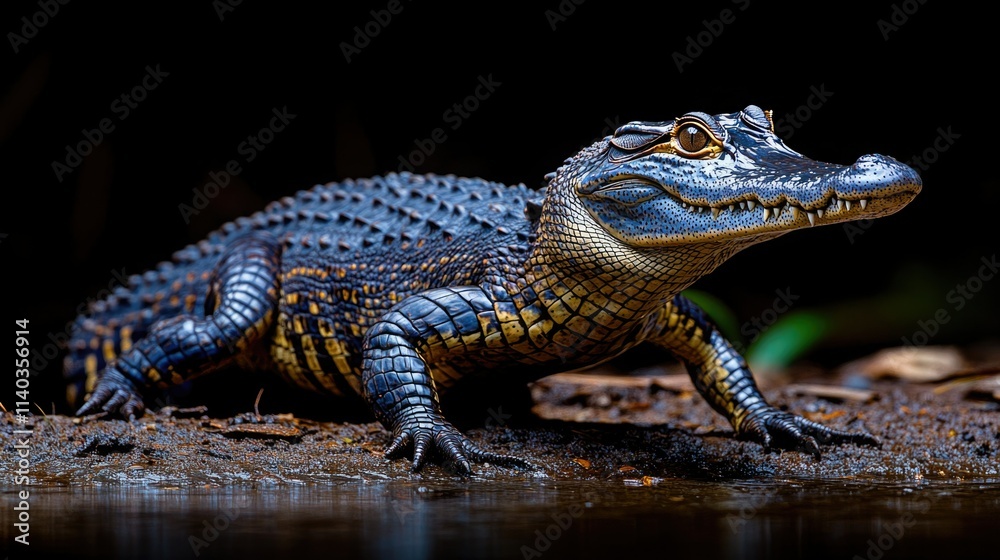 Close-up of a colorful crocodile resting near the water at dusk in a tropical wetland environment Close-up of a colorful crocodile resting near the water at dusk in a tropical wetland environment
