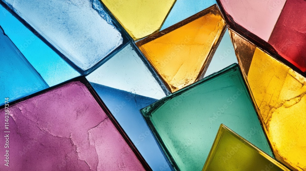 Fototapeta premium Colorful fragments of stained glass art arranged in a mosaic pattern displaying hues of blue, green, yellow, and purple