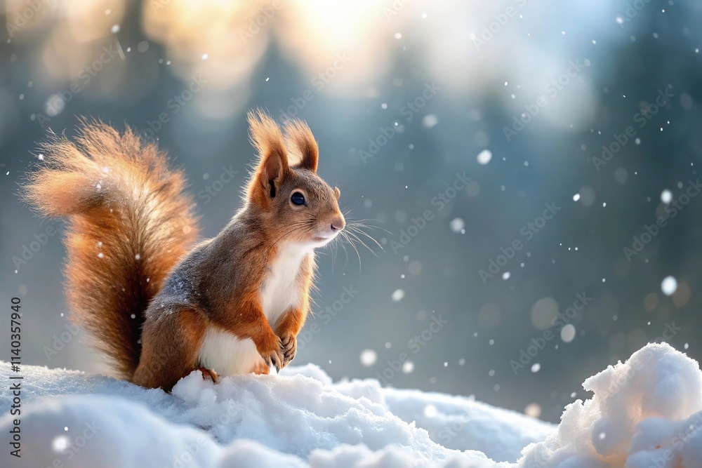 Snowy wintery landscape featuring a red squirrel Snowy wintery landscape featuring a red squirrel