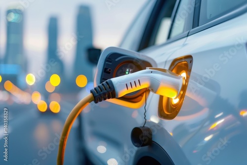 A close-up of an electric vehicle charging in an urban setting, showcasing the charging plug illuminated against a blurred city backdrop.